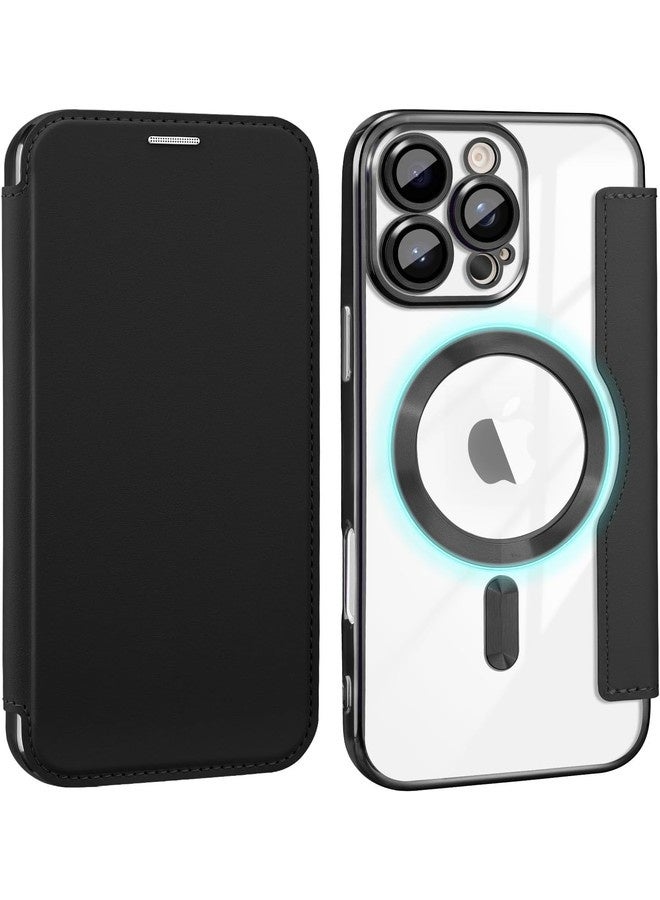 Abania iPhone 16 Pro Max Case MagSafe Compatible, RFID Blocking PU Leather Wallet Flip Cover with 2 Card Slots, Crystal Clear Transparent Back, Shockproof Drop Protection Phone Case for Apple iPhone 16 Pro Max, Black - Image 1